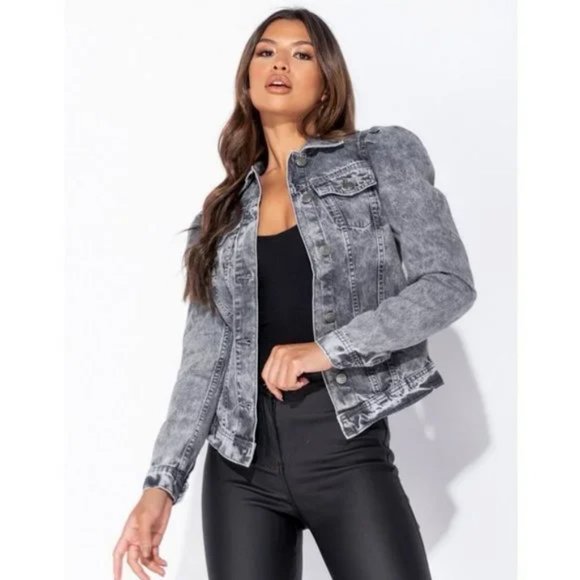 Gray Acid Wash Distressed Denim Jeans Long Puff Sleeve Jacket - Picture 8 of 9